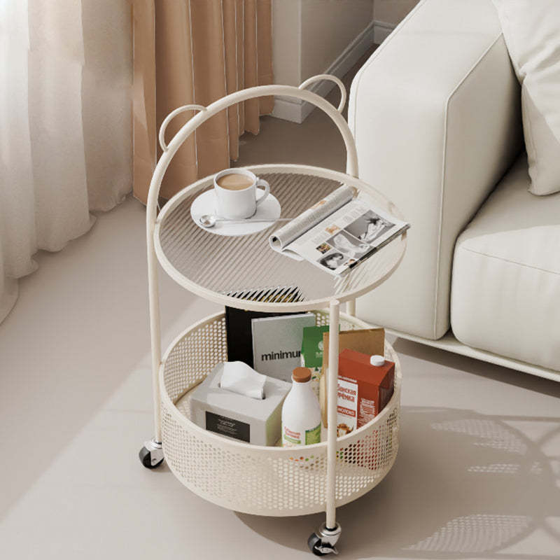 Contemporary Round Glass Movable 2-Tier Side Table — Creamy White Frame + Clear Glass Tabletop