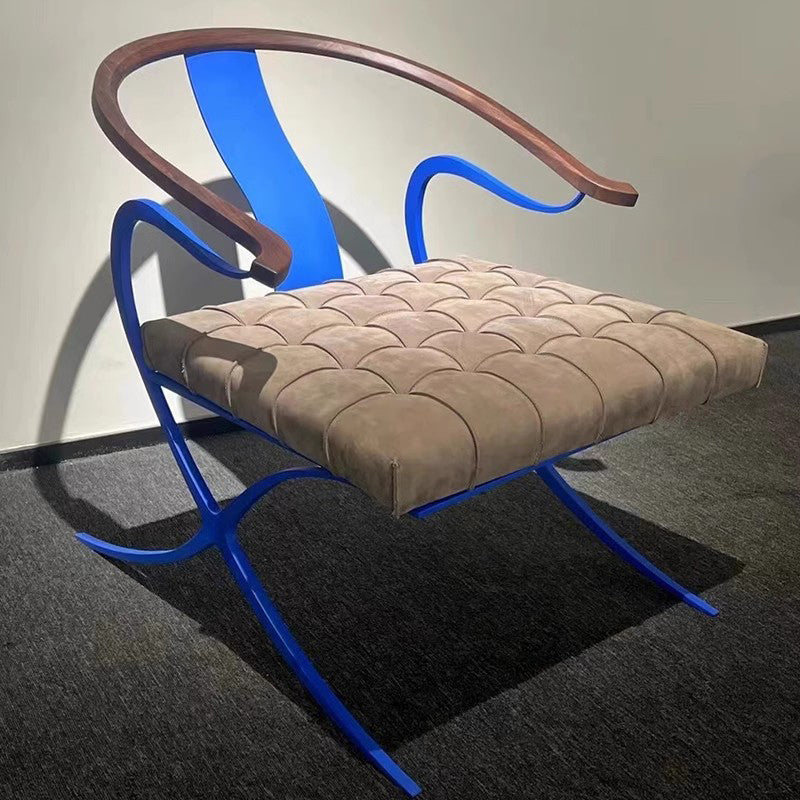 Retro Curved Wood Leather Armchair — Blue