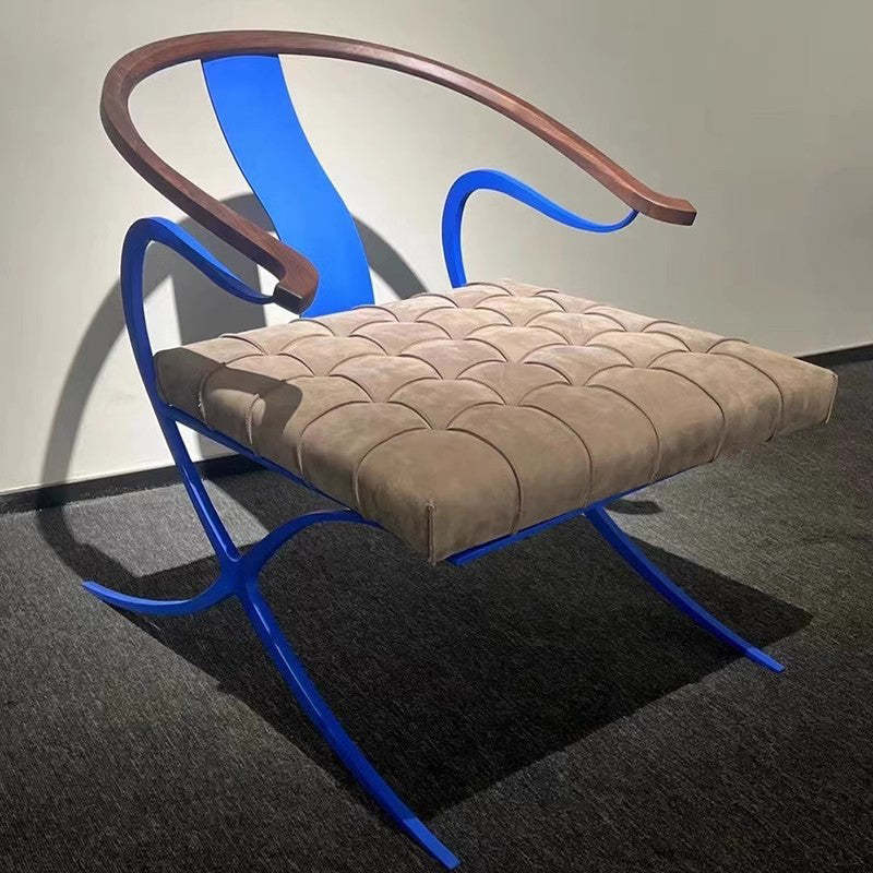 Retro Curved Wood Leather Armchair — Blue