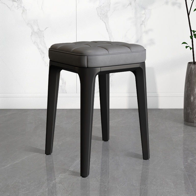 Contemporary Plaid Microfiber Leather Square Vanity Stool — Gray
