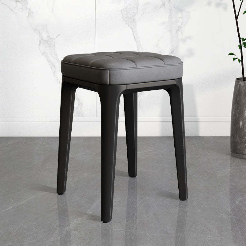 Contemporary Plaid Microfiber Leather Square Vanity Stool — Gray