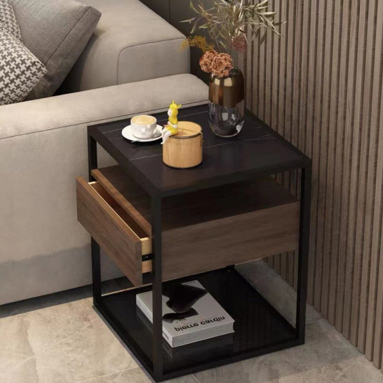 Scandinavian Glass Wood Rock Slab Square Nightstand 1-Drawer — B