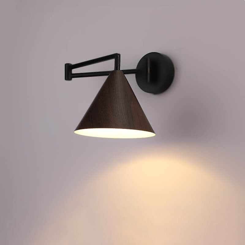 Nordic Cone Swing Arm Wood Grain Iron Wall Sconce