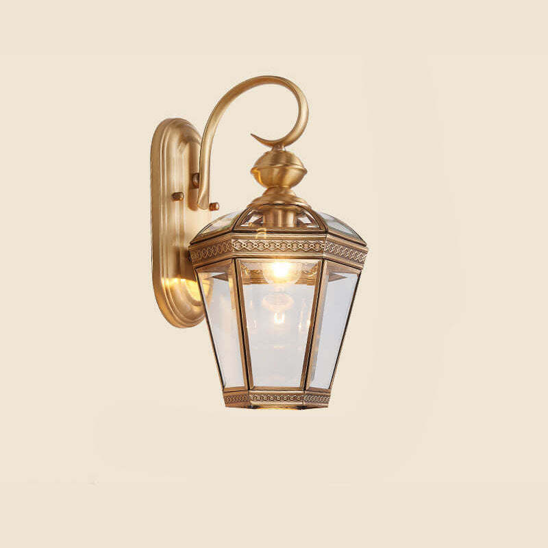 European Hexagonal Lantern Copper Glass Outdoor Wall Sconce
