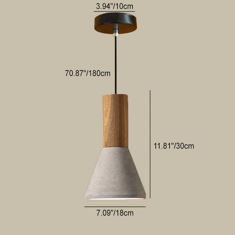 Industrial Cone Triangle Cement Rubber Wood Pendant Light