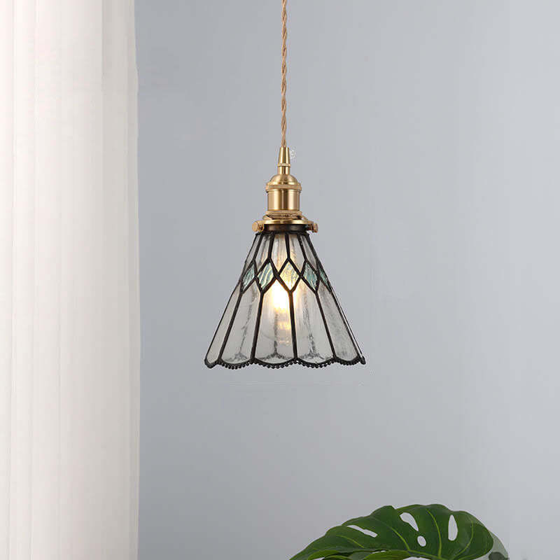 Japanese Vintage Brass Stained Glass Cone Pendant