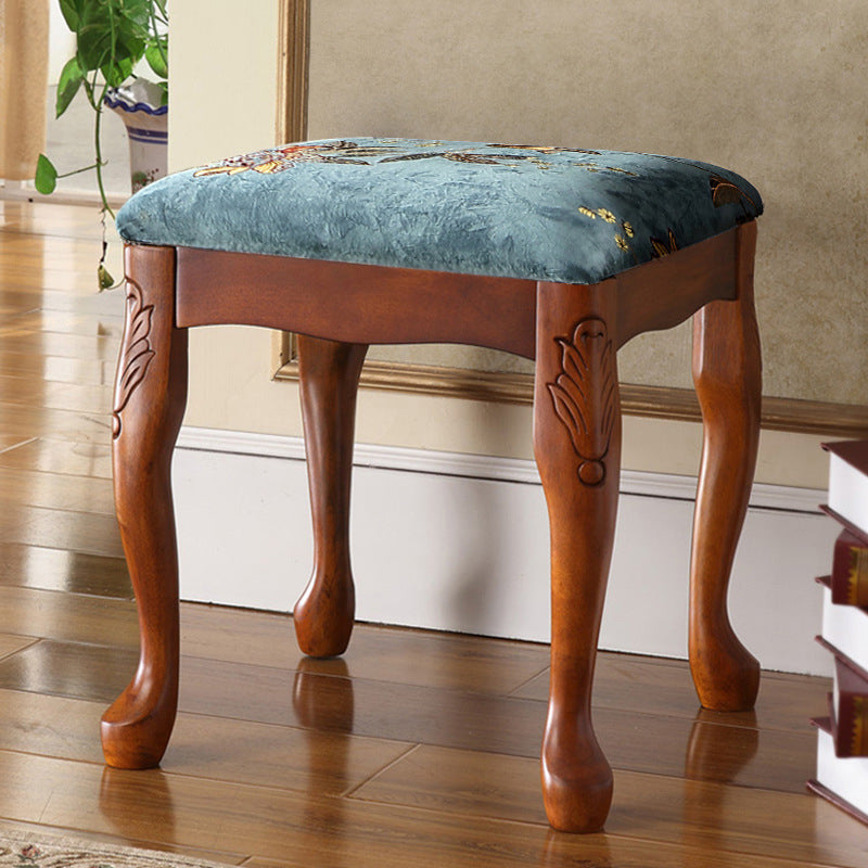 European Fabric Carved Wood Vanity Stool — Brown Leather Seat