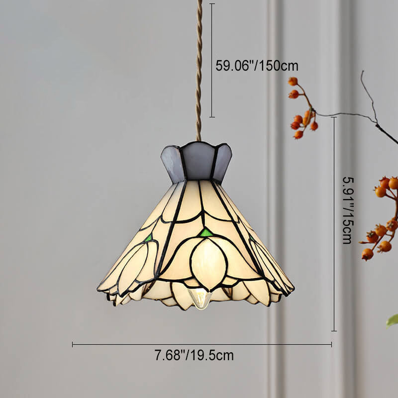 Vintage Tiffany Rose Conical Stained Glass Pendant Light