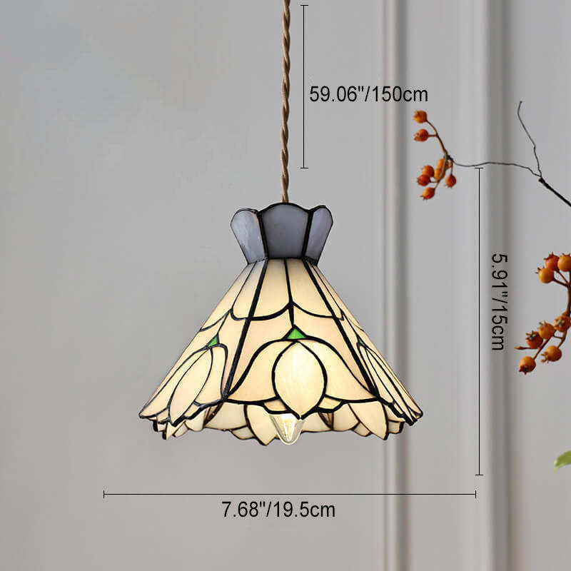 Vintage Tiffany Rose Conical Stained Glass Pendant Light