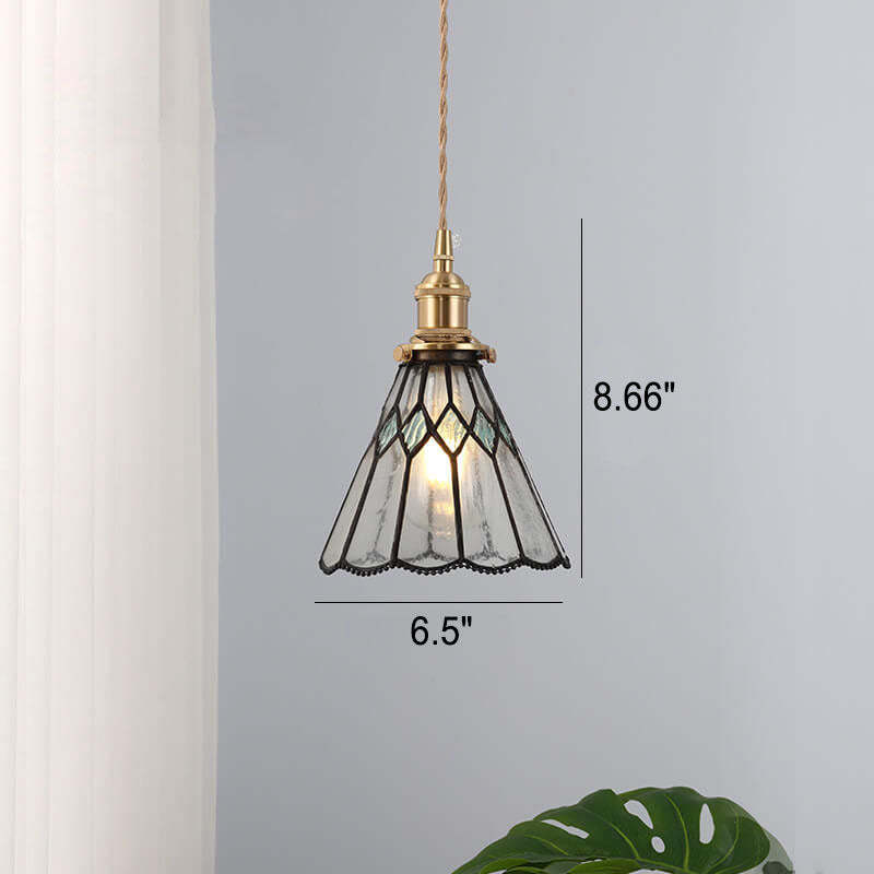 Japanese Vintage Brass Stained Glass Cone Pendant
