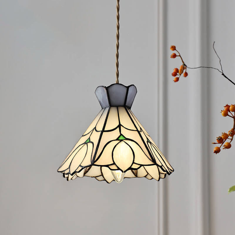 Vintage Tiffany Rose Conical Stained Glass Pendant Light
