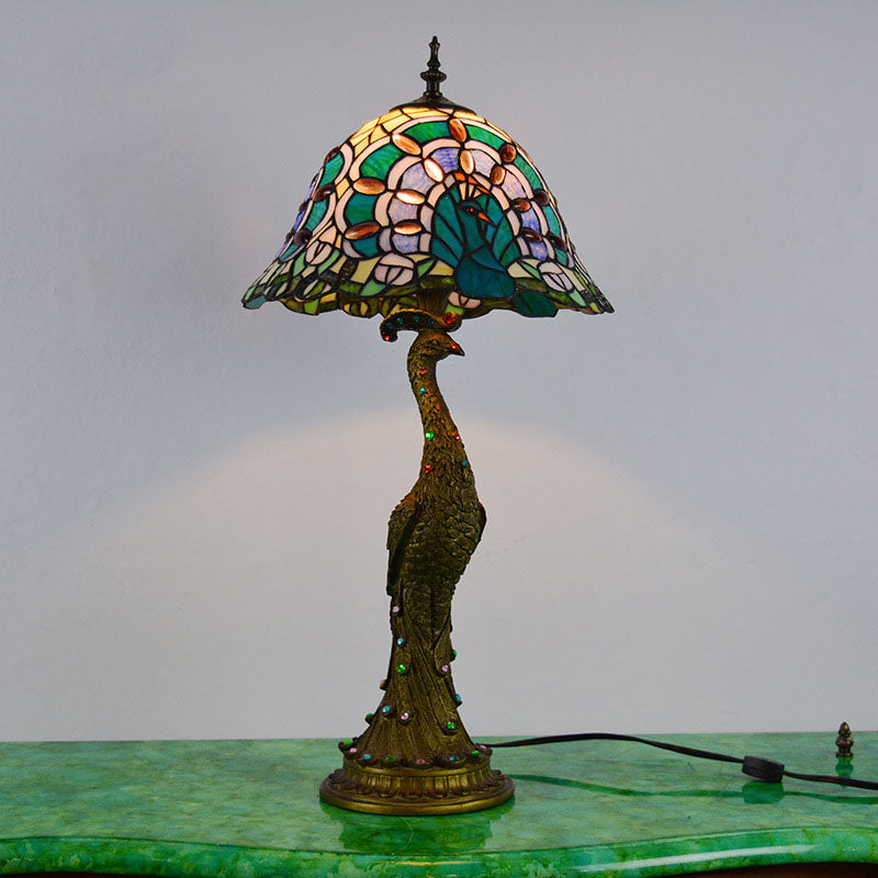 Vintage Tiffany Peacock Gem Dome Glass Table Lamp