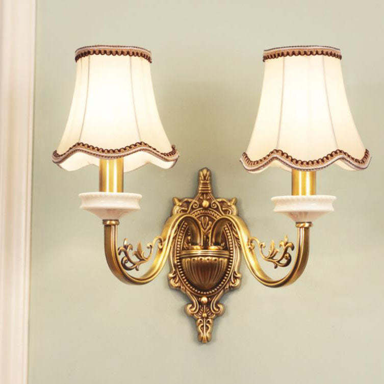European Luxury Fabric Brass Carved Sconce — A - 2 Lights / 220V-240V For UK/AU