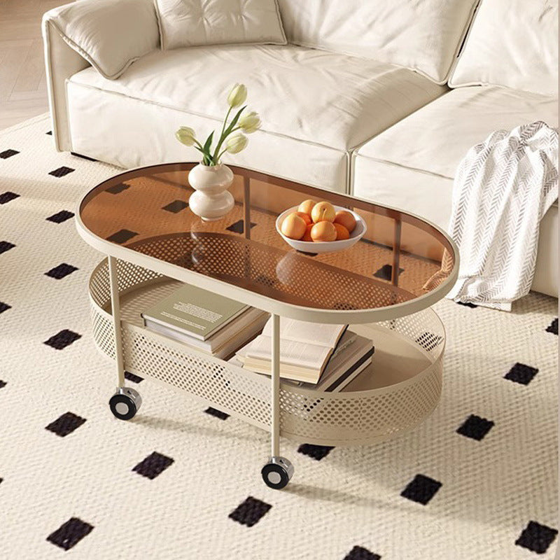 Modern Oval Glass Iron Movable Side Table — White
