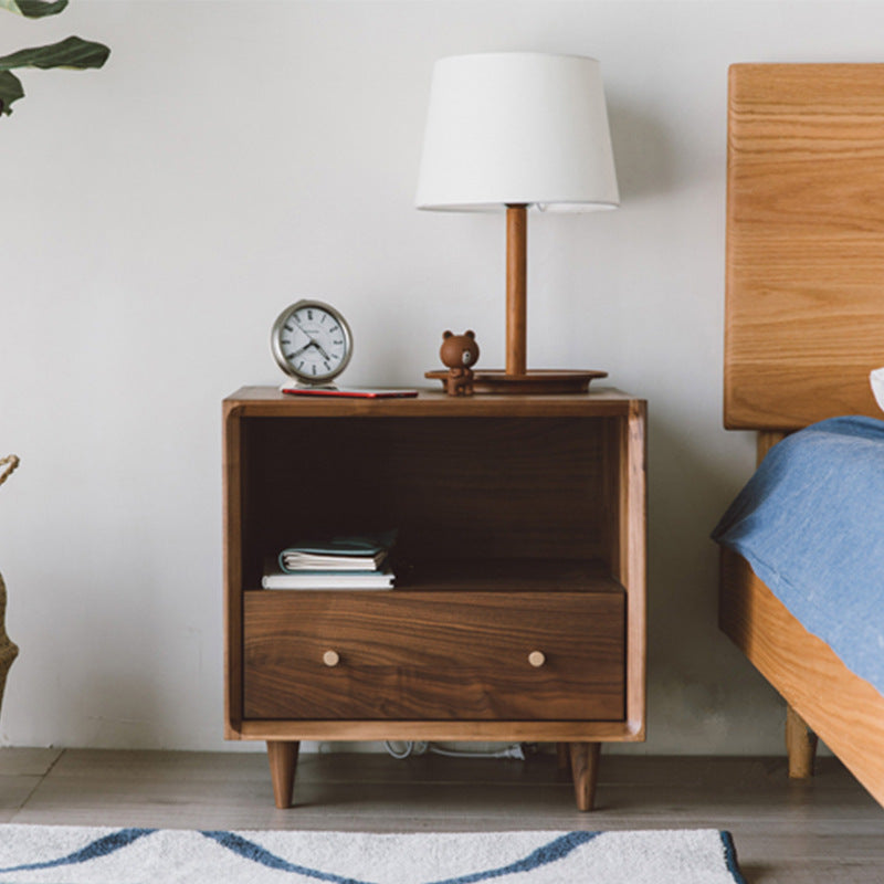 Nordic Solid Wood 1-Drawer Nightstand — Walnut