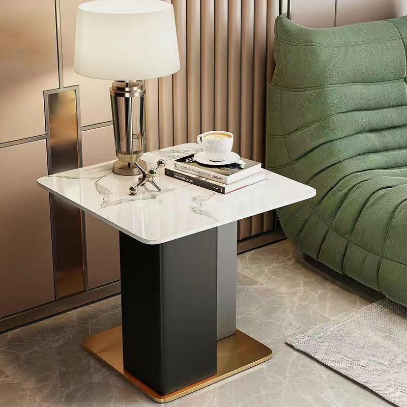 Scandinavian Slate Leather Wood Steel End Table — White & Brown / Orange