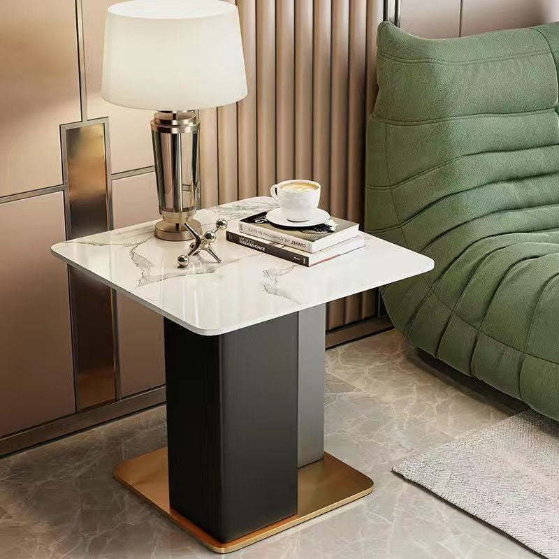 Scandinavian Slate Leather Wood Steel End Table — White & Brown / Orange