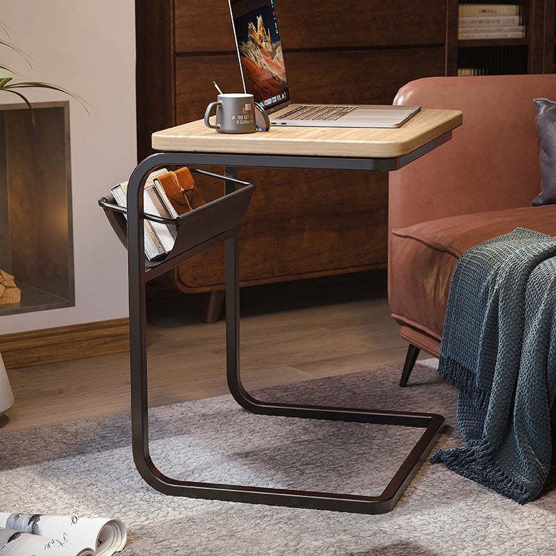Minimalist C-Shape Steel End Table — Brushed Black Oak Tabletop + Black Frame