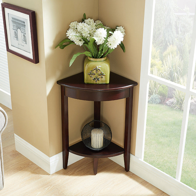 Retro Triangle Rubberwood 2-Tier Side Table — Walnut Color