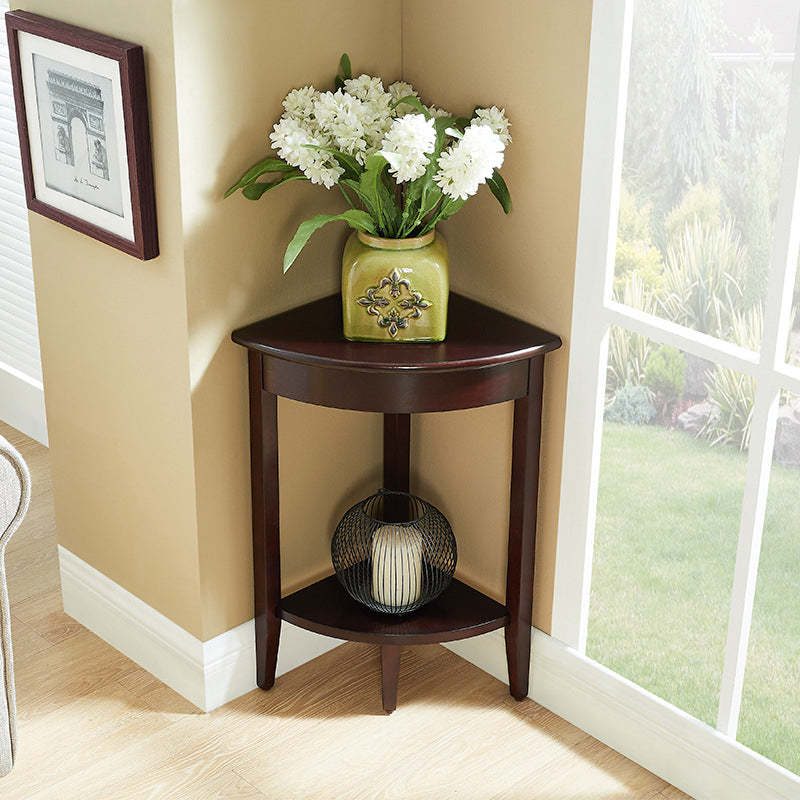 Retro Triangle Rubberwood 2-Tier Side Table — Walnut Color