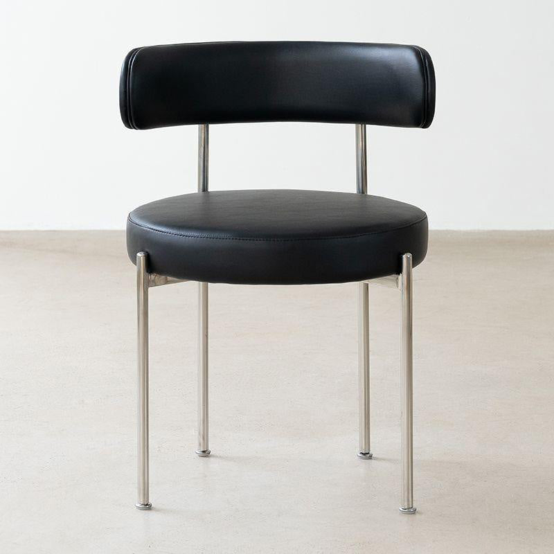 Minimalist Round Velvet Tubular-Leg Dining Chair — Black Microfiber Leather Seat + Silver Metal Legs
