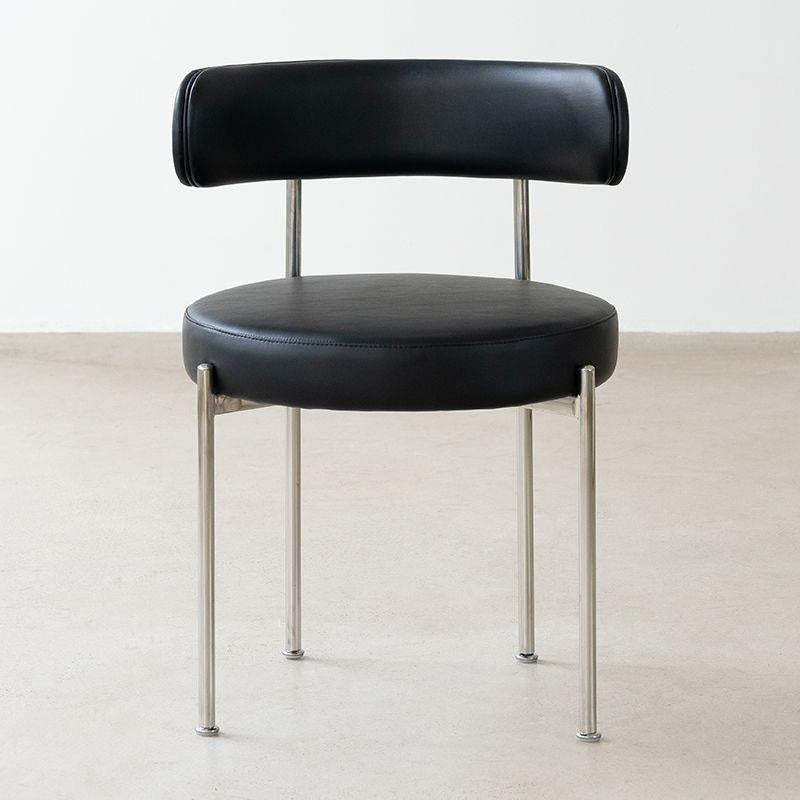Minimalist Round Velvet Tubular-Leg Dining Chair — Black Microfiber Leather Seat + Silver Metal Legs