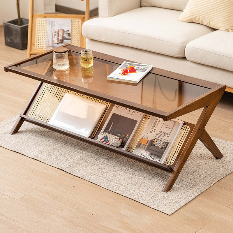 Japanese Z-Shape Wood Glass Rattan Coffee Table — Walnut