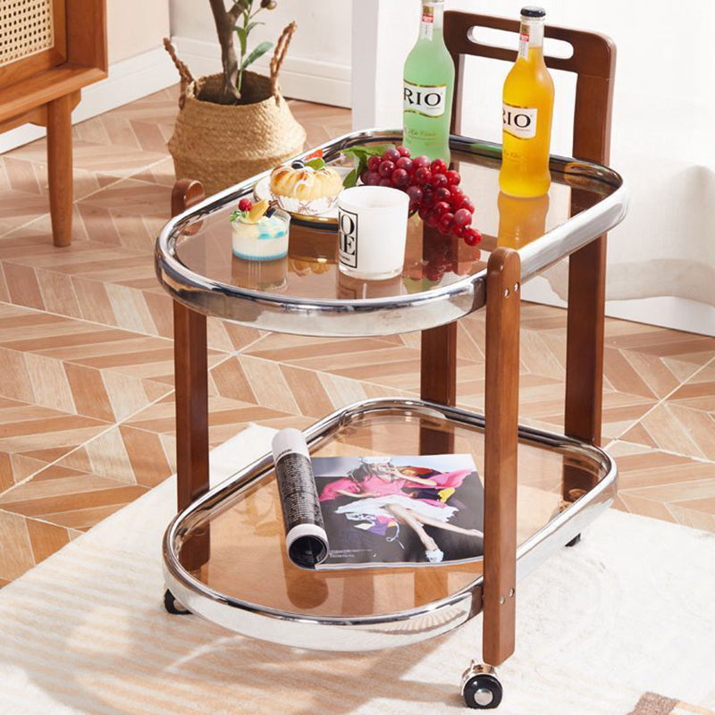 Japanese Oval Wood Steel Glass 2-Tier End Table — Walnut Frame + Transparent Glass