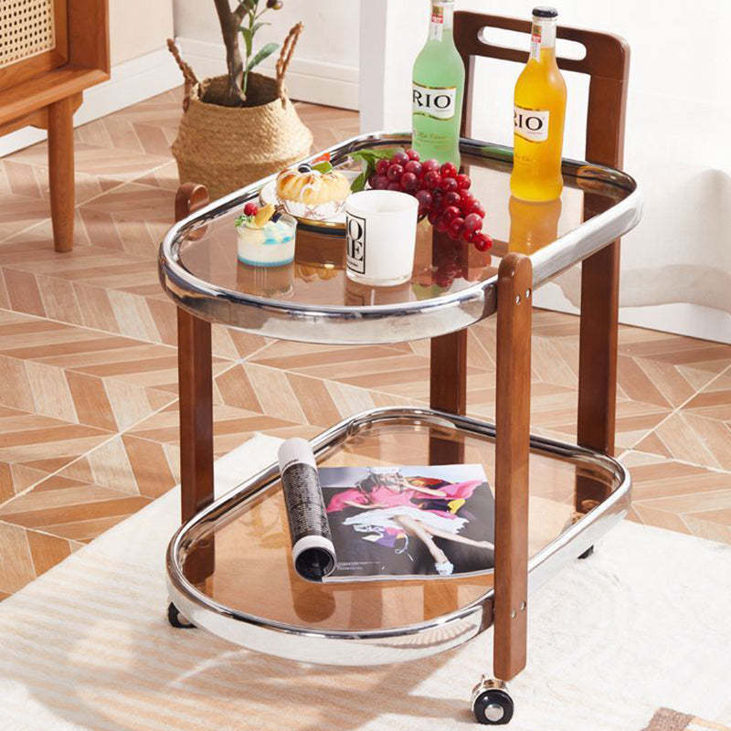 Japanese Oval Wood Steel Glass 2-Tier End Table — Walnut Frame + Transparent Glass