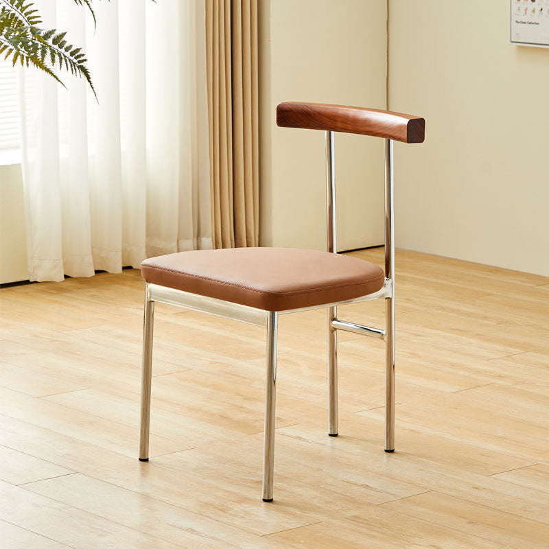 Nordic Half-Round Leather Metal Wood Dining Chair — Brown Seat + Walnut Backrest