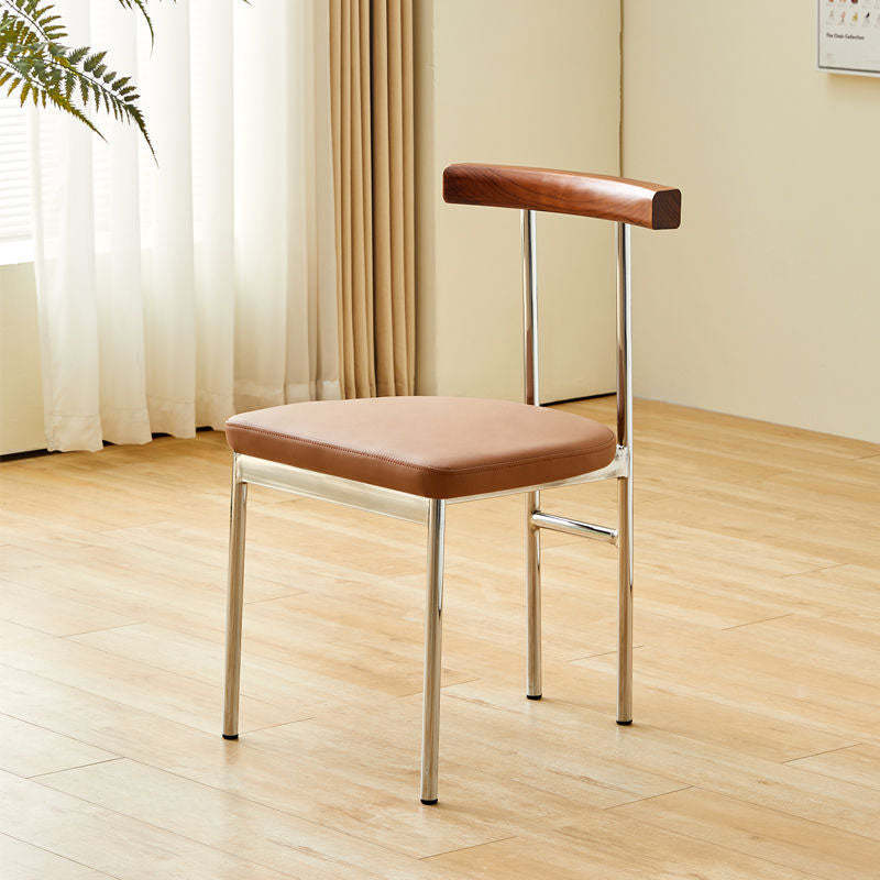 Nordic Half-Round Leather Metal Wood Dining Chair — Brown Seat + Walnut Backrest