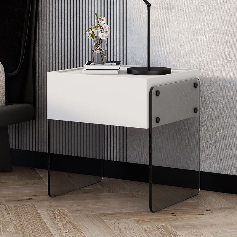 Minimalist Wood Plank Glass 1-Drawer Nightstand