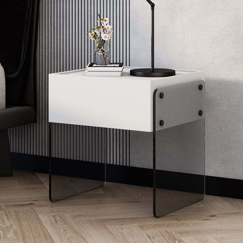 Minimalist Wood Plank Glass 1-Drawer Nightstand