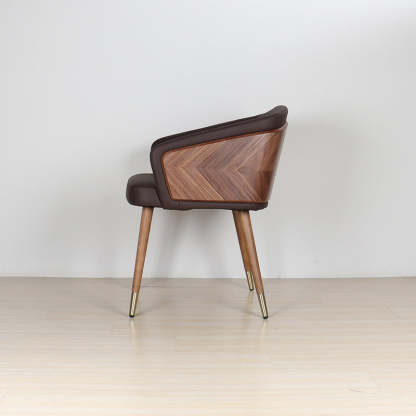 Curved PU Leather Wood Dining Chair — Dark Orange+White - Fabric