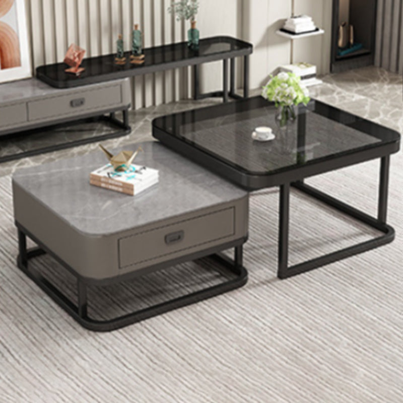 Minimalist Rock Slab Glass Square Coffee Table 1-Drawer — Black Frame + Gray Tabletop + Gray Drawer