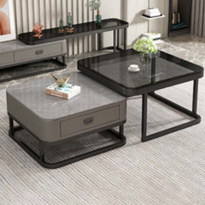 Minimalist Rock Slab Glass Square Coffee Table 1-Drawer — Black Frame + Gray Tabletop + Gray Drawer