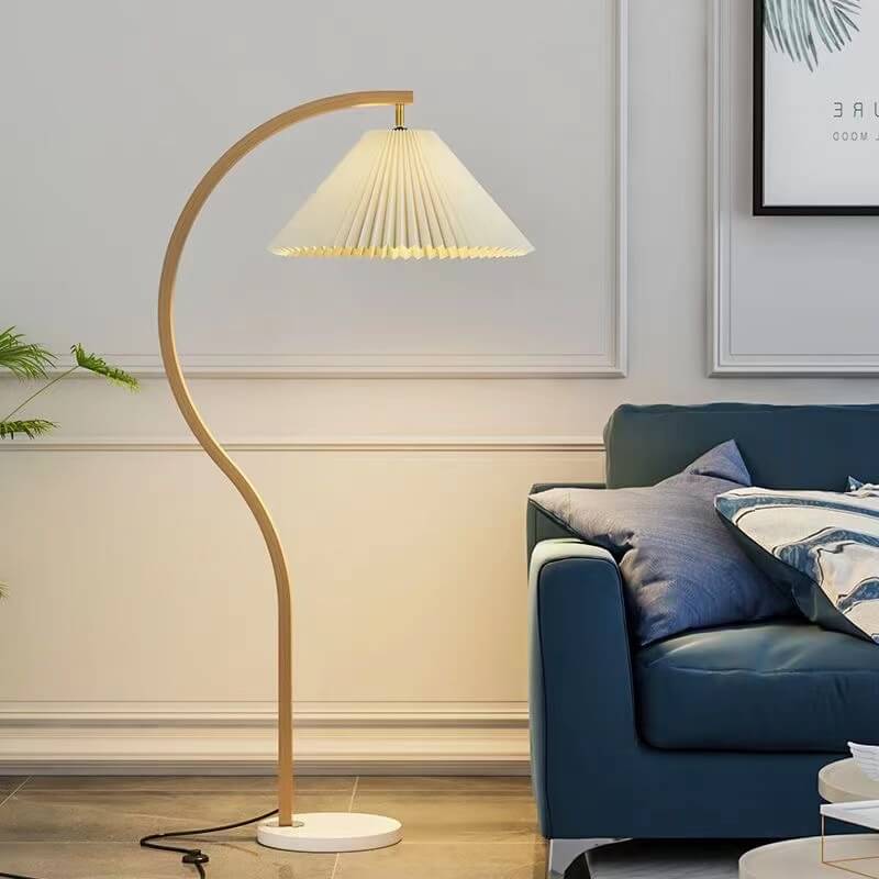 Japanese Pleated Fabric Curved Iron Floor Lamp