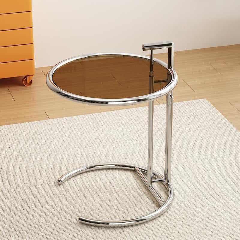 Minimalist Stainless Steel Glass Extendable Round Side Table — Brown