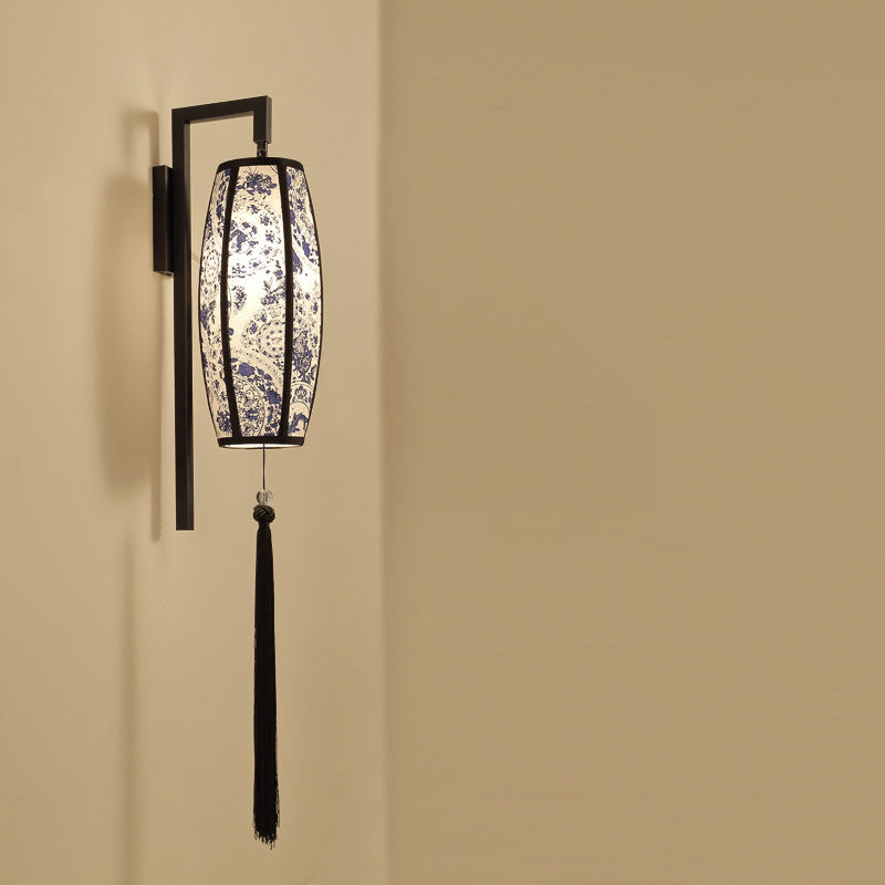 Chinese Vintage Painted Fabric Lantern Tassel Sconce — Green Bamboo Shade / 110V-120V For US/CA