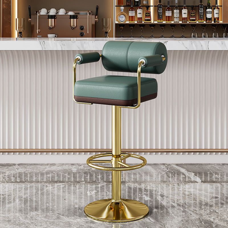 Contemporary Leather Height-Adjustable Swivel Bar Stool — Green Seat + Gold Base