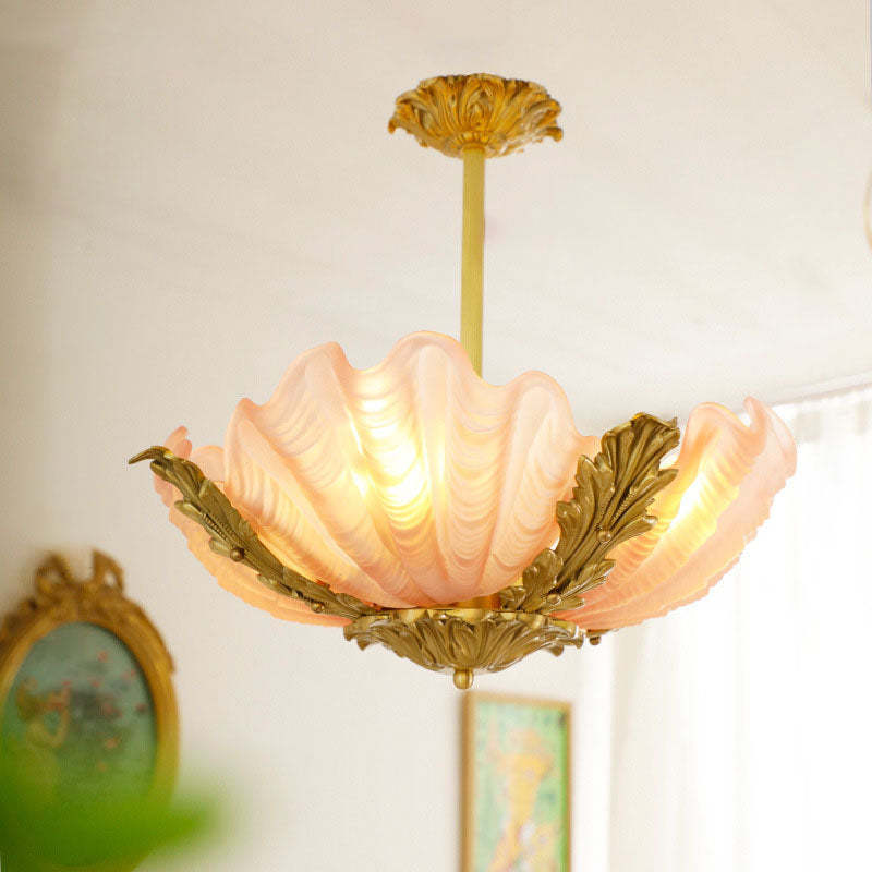 French Shell Brass Glass Chandelier