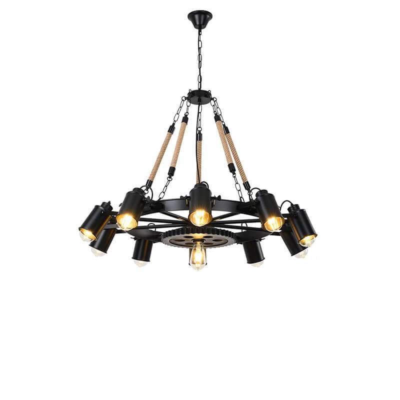 Industrial Retro Gear Wrought Iron Hemp Rope Chandelier