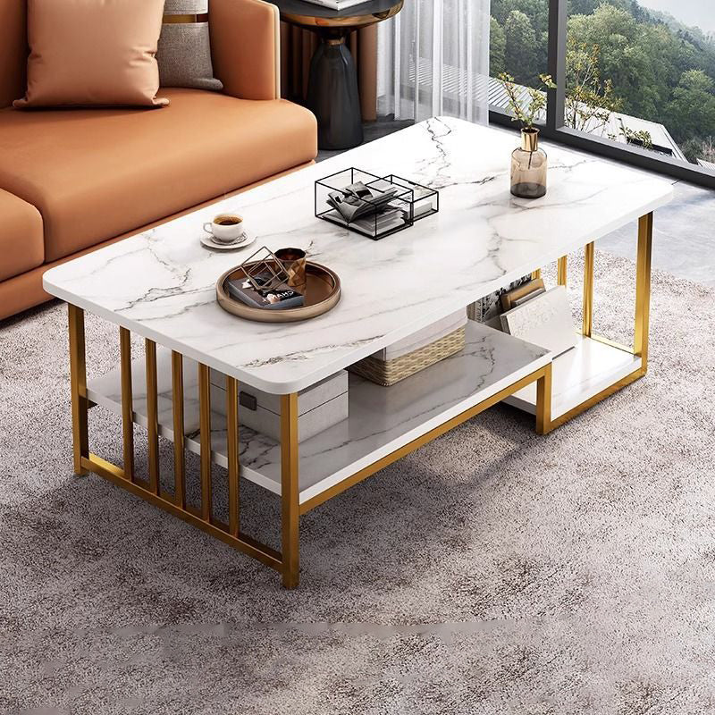 Contemporary Marble Rectangular Coffee Table 2-Tier Storage — White Tabletop + Gold Frame