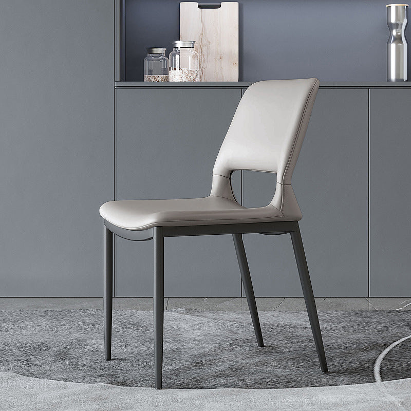Minimalist Curved-Seat Leather Steel Dining Chair — Black