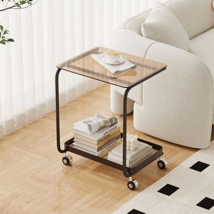 Scandinavian C-Shaped Glass Top End Table — Black Frame + Brown Tempered Glass
