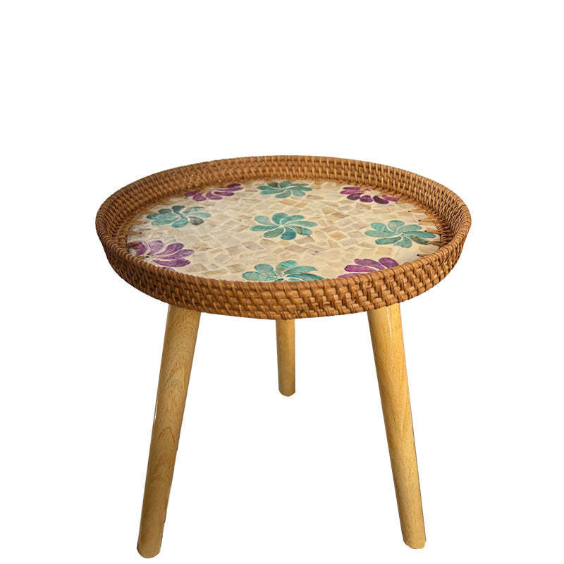 Rustic Handmade Shell Wood Rattan Side Table