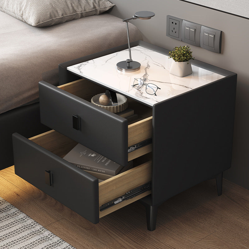 Modern Cubic Sintered Stone Solid Wood Nightstand — Dark Gray