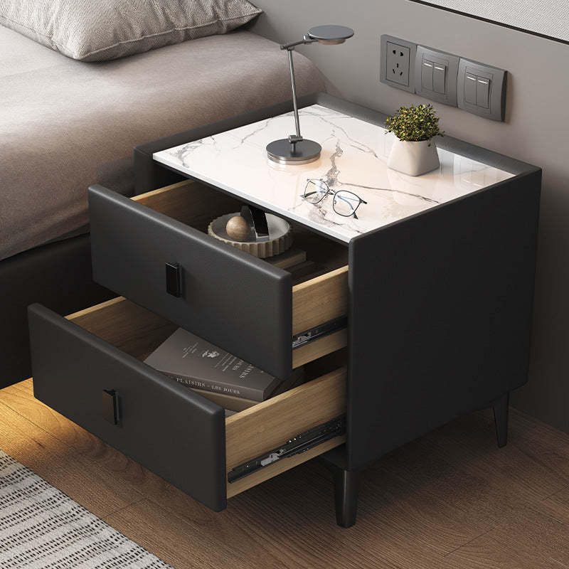 Modern Cubic Sintered Stone Solid Wood Nightstand — Dark Gray