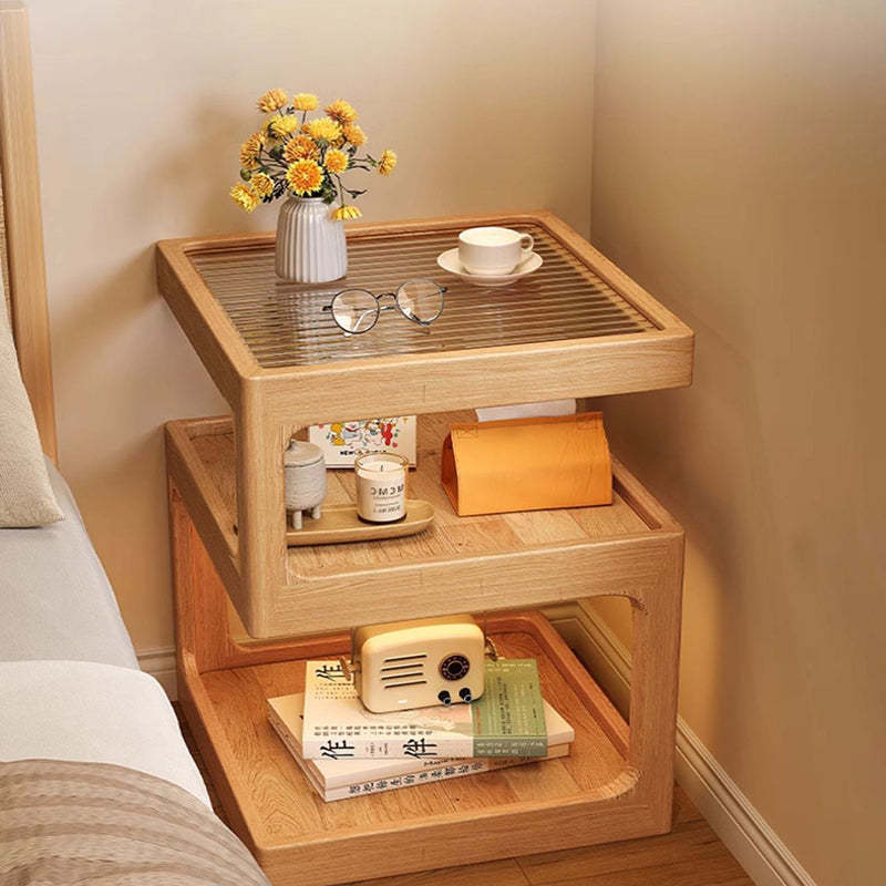 Vintage Glass Wood 3-Tier End Table — Log Color