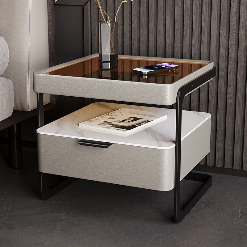 Minimalist Glass Nightstand 1-Drawer — Yellow - Drawer With Fingerprint Lock